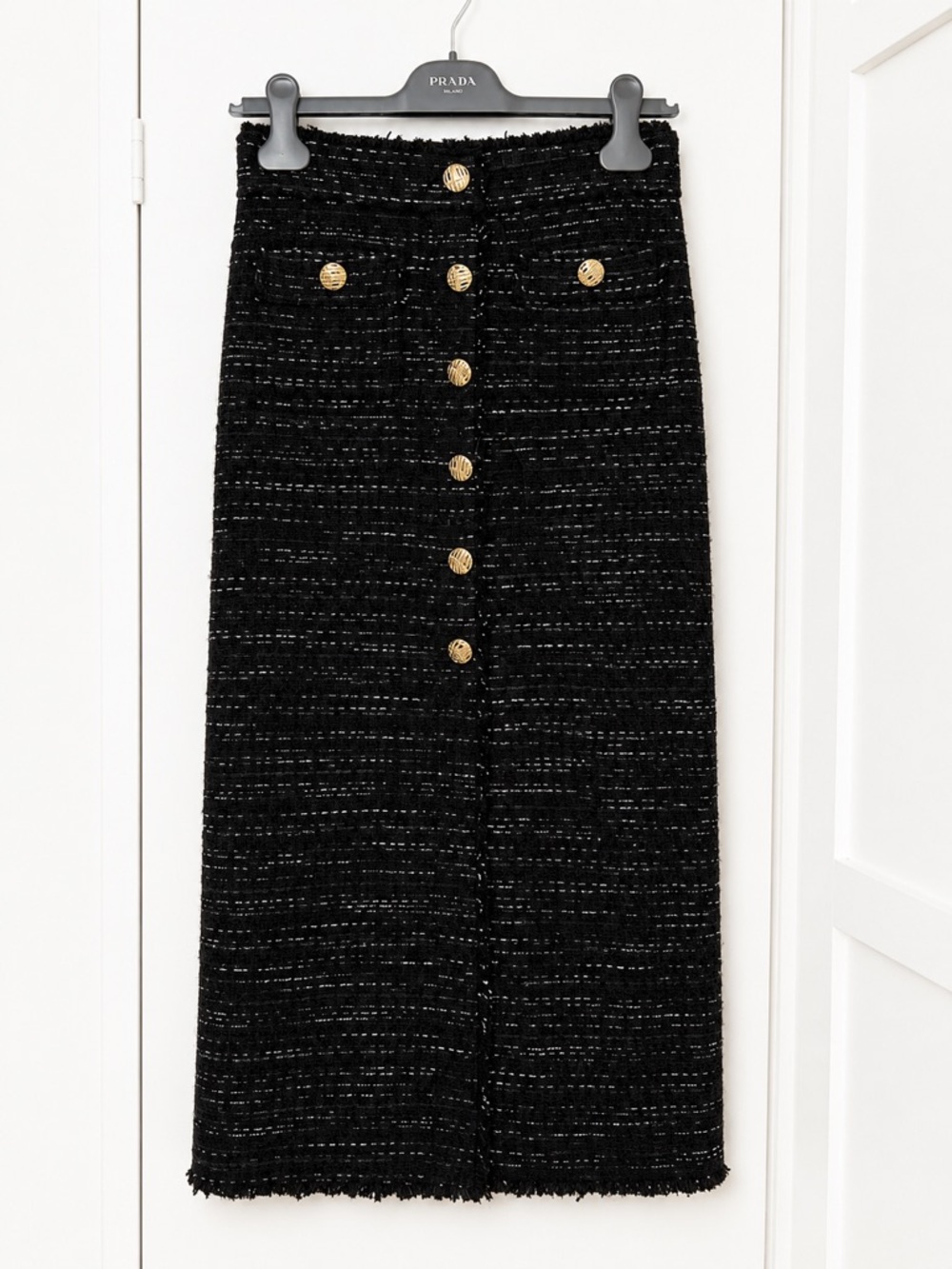 Zara Black Tweed Maxi Skirt with Gold Buttons